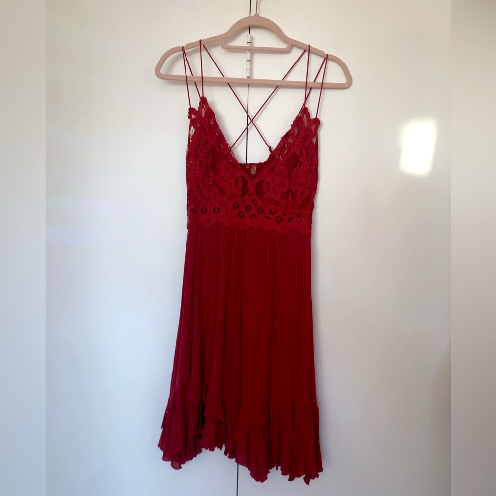 NWT Free People Adella Crochet Lace Mini Slip Dress Dark Red Cherry